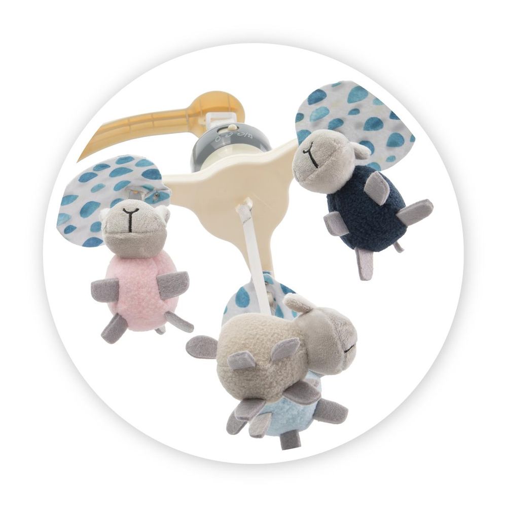 MoMi KIKI - Mobile Kinderbett Karussell für Baby - 4 sensorische Spielzeuge, 5 Melodien, Rasseln - Spieluhren