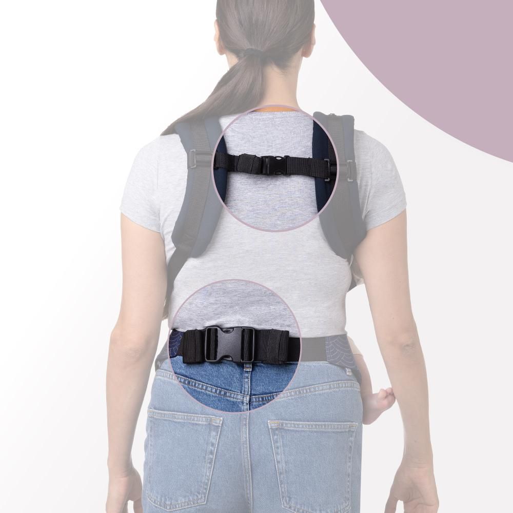 MoMi COLLET – Ergonomische Babytrage für vorne & hinten, verstellbar, bis 15 kg, physiologisch & rückenschonend, mit Kapuze & Tasche – Dunkelblau