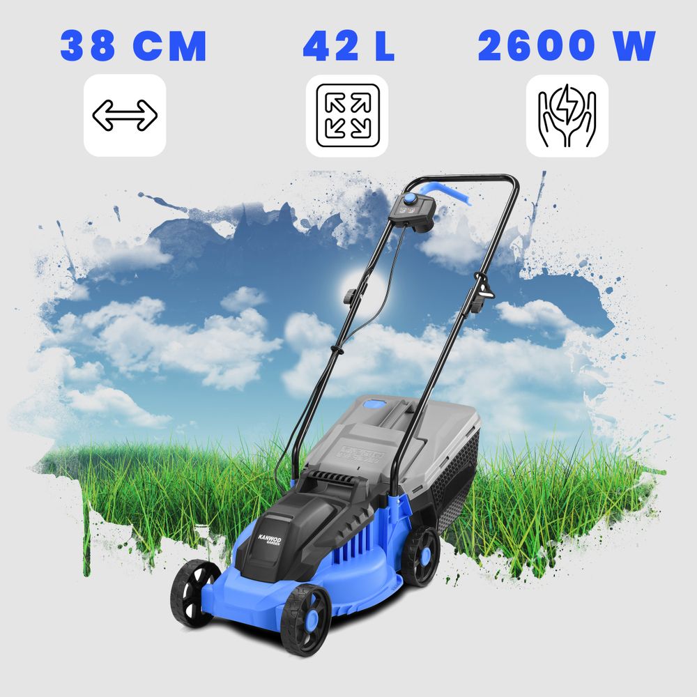 Kanwod 1600 W Elektro Rasenmäher mit 38 cm Schnittbreite, 5-stufige Schnitthöhenverstellung 30-75 cm, 42 Liter Grasfangkorb, bis 1000 m²