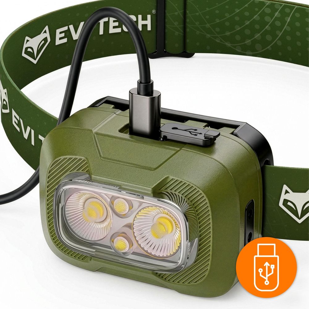 EVI TECH WaveBeam 300 LED Stirnlampe Akku USB-C Bewegungssensor 300lm Wasserdicht IP55 Kopflampe mit Rotlicht Outdoor Laufen Camping Grün