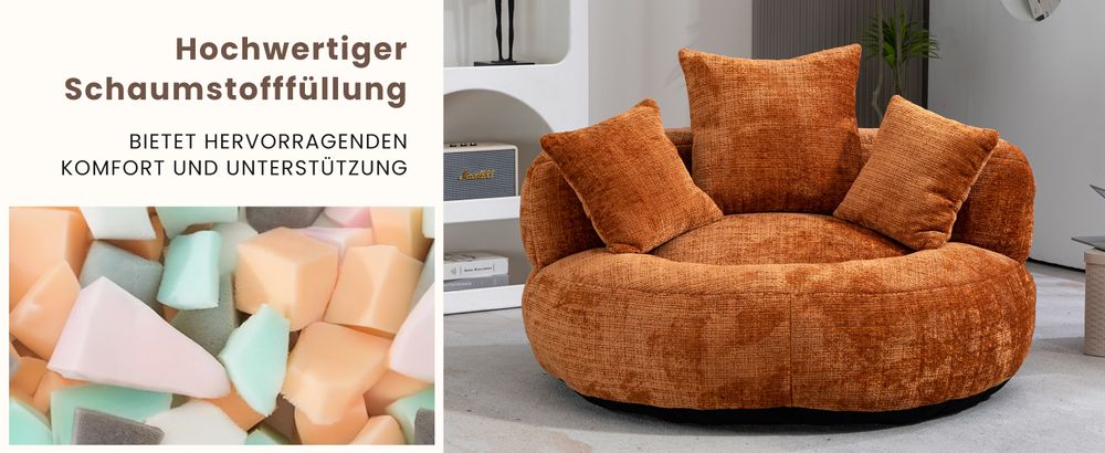 okwish Schlafsofa mit 3 Kissen,Ecksofa Lazy Sofa Indoor & Outdoor Sitzsack Relaxsessel für Schlafzimmer, Büro,Posterstuhl,Chenille-Stoff,Orange
