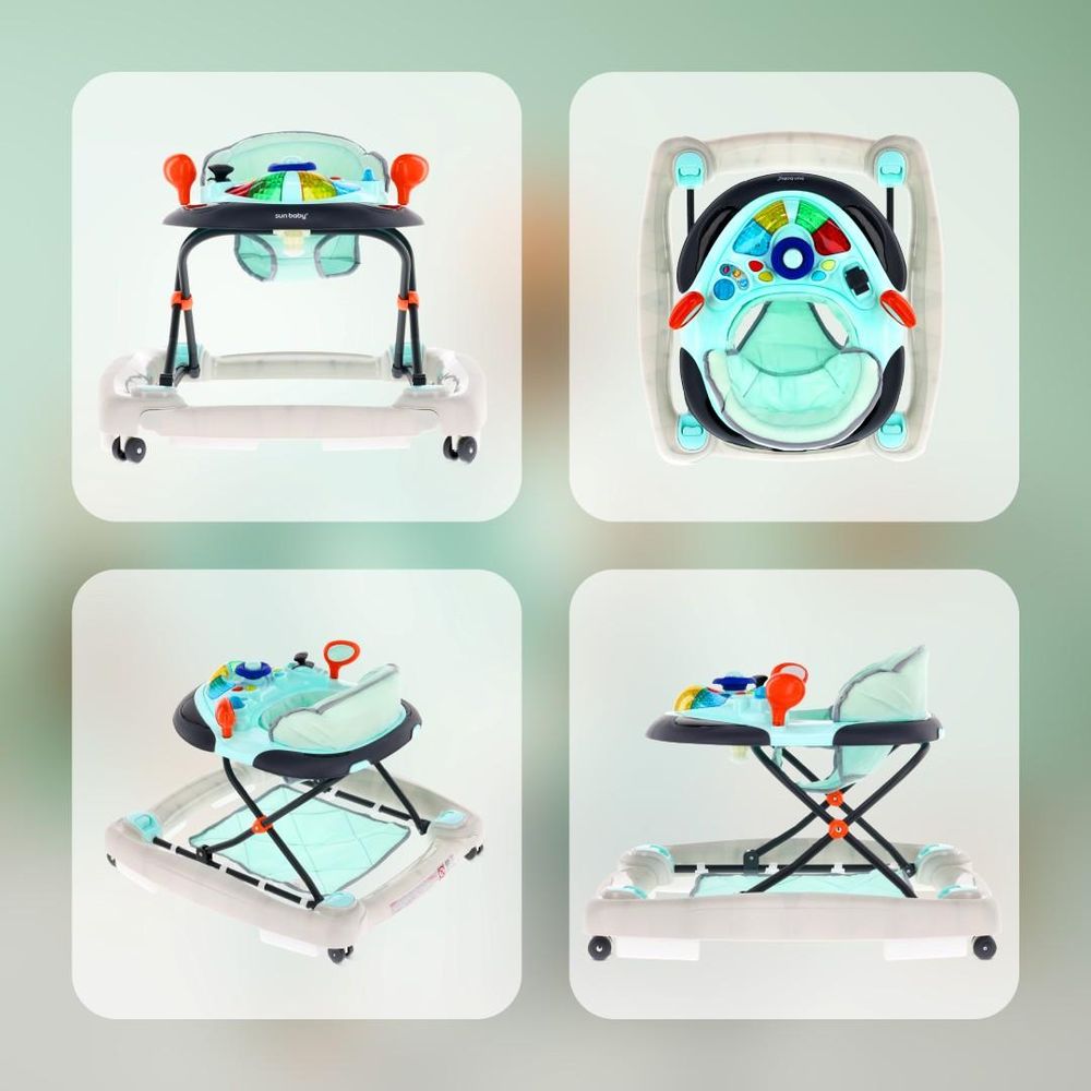 Vistas del andador SUN BABY Grand Prix desde diferentes ángulos y detalles del asiento.