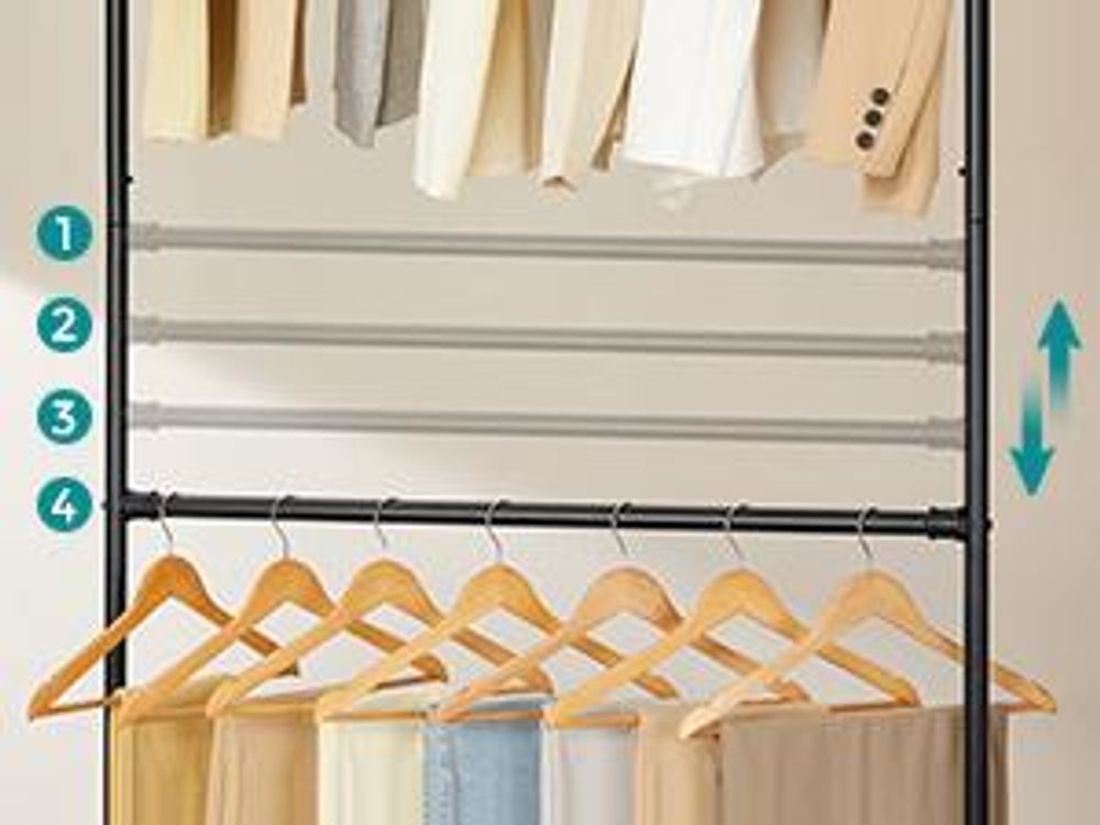 SONGMICS Kleiderständer im Industriedesign, mit Rollen, 2 Kleiderstangen