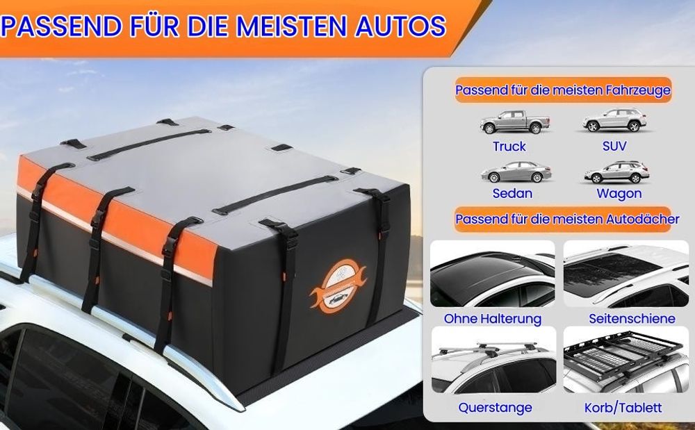 566L Auto Dachbox, Autodachtasche 1000D Faltbare wasserdichte Dachboxen mit Haken, Antirutschmatte & Reflektorstreifen, für Autos mit/ohne Dachträger