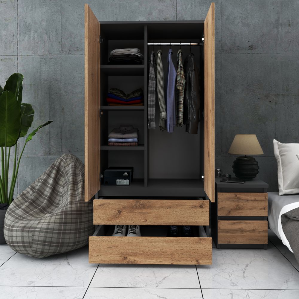 JOELLE - Kleiderschrank mit 2 Türen und 2 Schubladen - Anthrazit Grau / Wotan Eiche H180cm B90cm T50cm