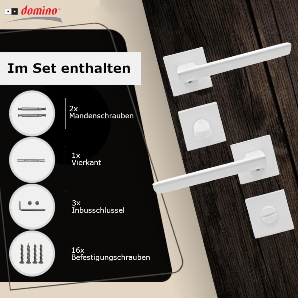 DOMINO Türgriff Drückergarnitur WC - Badezimmer Set | quadratische Rosette | für Badezimmertüren | Set WC - Rosetten-Garnitur | Türbeschläge aus Aluminium  |Weiss Türdrückergarnitur |ELENA QR SLIM WHITE