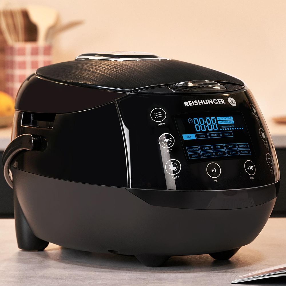 Reishunger Digitaler Reiskocher, Grau (860W/1,5l) für bis zu 8 Personen, Multikocher mit 12 Programmen, Timer- und Warmhaltefunktion inkl. Reishunger Reiskocher Kochbuch
