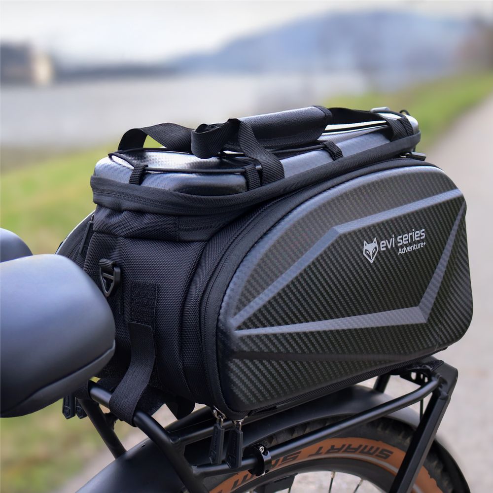 Wodoodporna torba rowerowa na bagażnik 35 l, torba bagażowa EVA Hardtop z osłoną przeciwdeszczową i paskiem na ramię, odblaskowa, EVI BIKE Adventure+ czarna