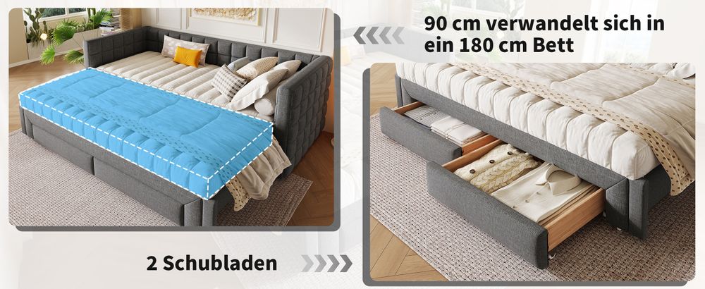 MODFU Daybett, Ausziehbett  90x200cm Schlafsofa Jugendbett Kinderbett Tagesbett,t mit quadratischer Rückenlehne,(ausziehbar auf 180 Queensize), 2 Schubladen, Ohne Matratze, Grau