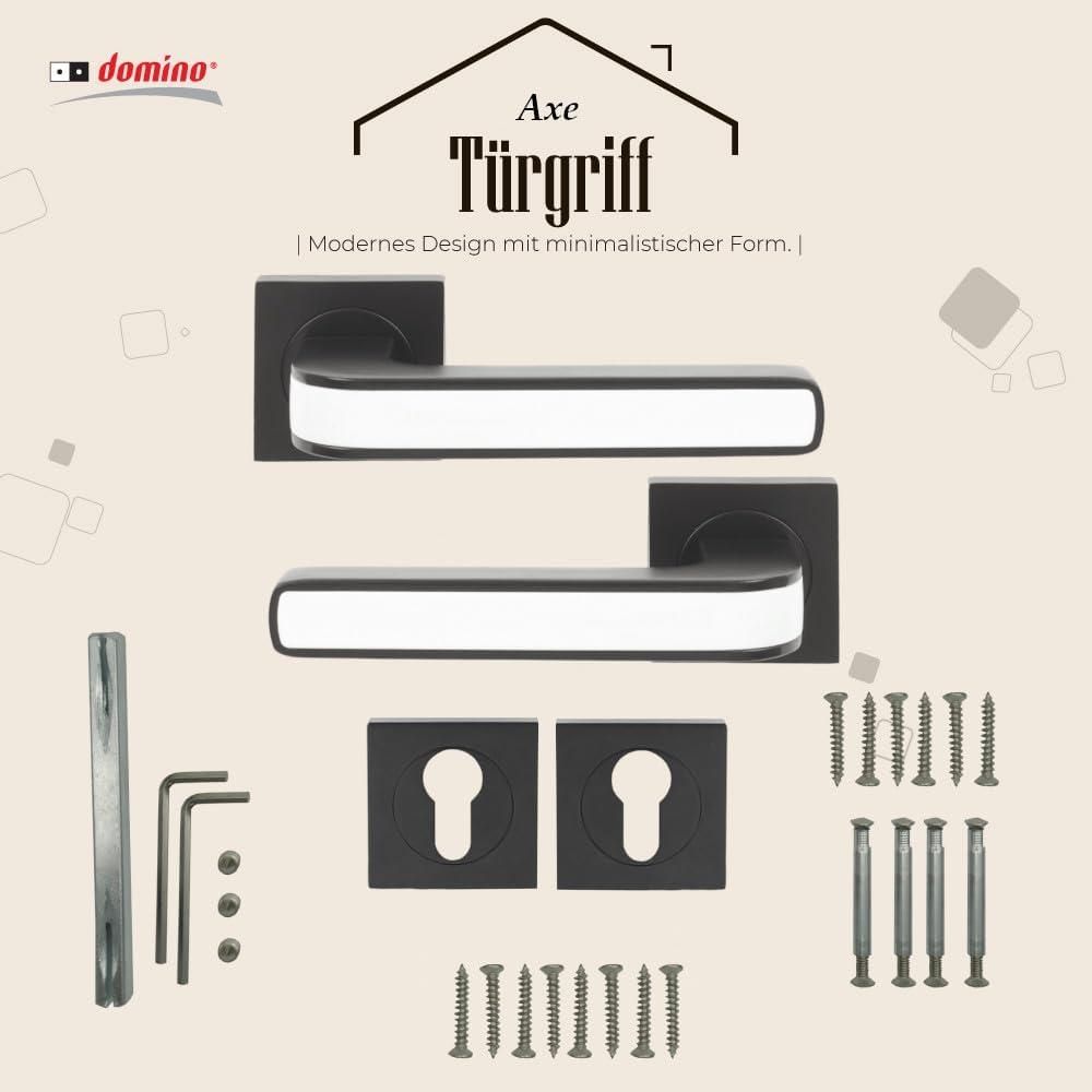 DOMINO Türgriff Drückergarnitur PZ - Profilzylinder Set | quadratische Rosette | Türklinke für Zimmertür, Bürotür, Kellertür & Innentür| Türbeschläge aus Aluminium| Schwarz/Weiss Türdrückergarnitur | AXE-QR Black/White