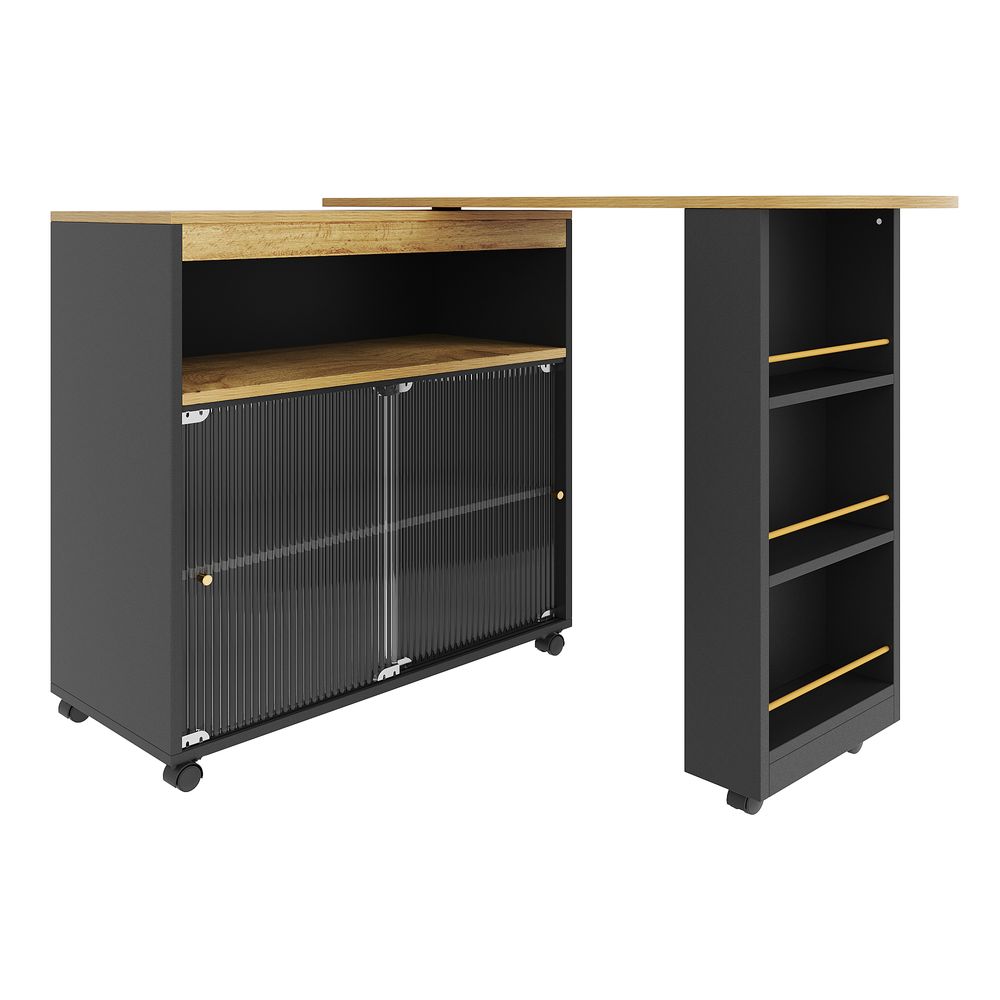 Flieks Ausziehbar Esstische Küchentisch mit Regal und Staufach, Bartisch Stehtisch mit LED, Rechteckig Tisch Kücheninsel 360 ° Drehbar, Schwarz