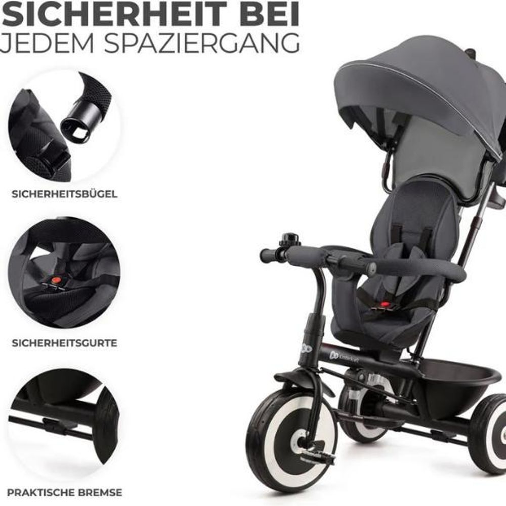 Kinderkraft ASTON - Dreirad - drehbarer Sitz - große unzerstörbare Räder - klappbar - Sicherheitsgurte - verstellbarer Elterngriff - Zubehör - Grau