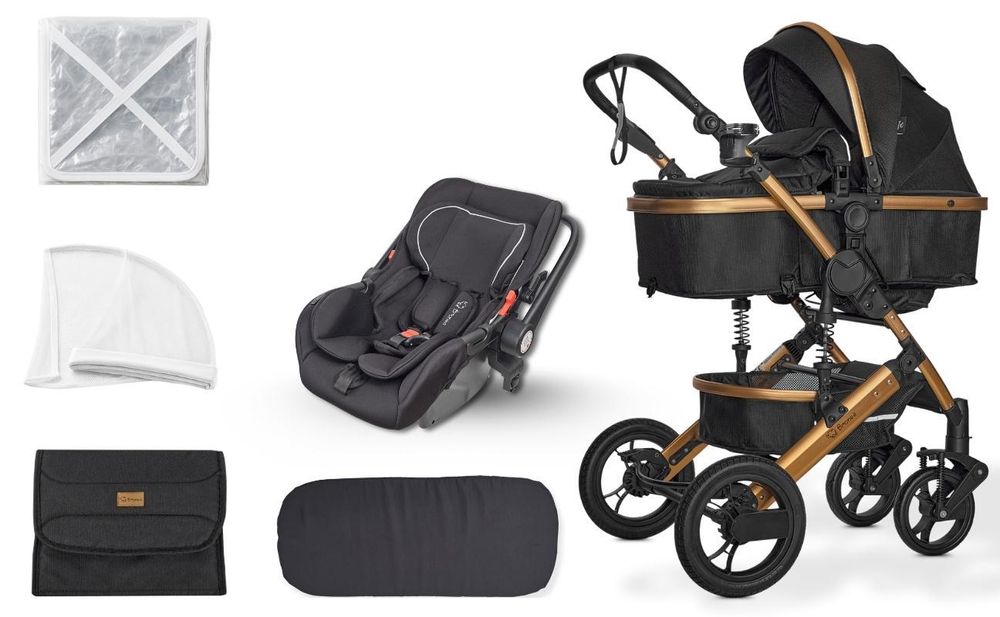 BRONEA® EXQUISE 2.0 Kombi-Kinderwagen 3-in-1 mit MATRATZE & AUTO-BABYSCHALE, Buggy, Wickeltasche, Regenhaube, Mücken- & Sonnenschutz - Grau/Schwarz