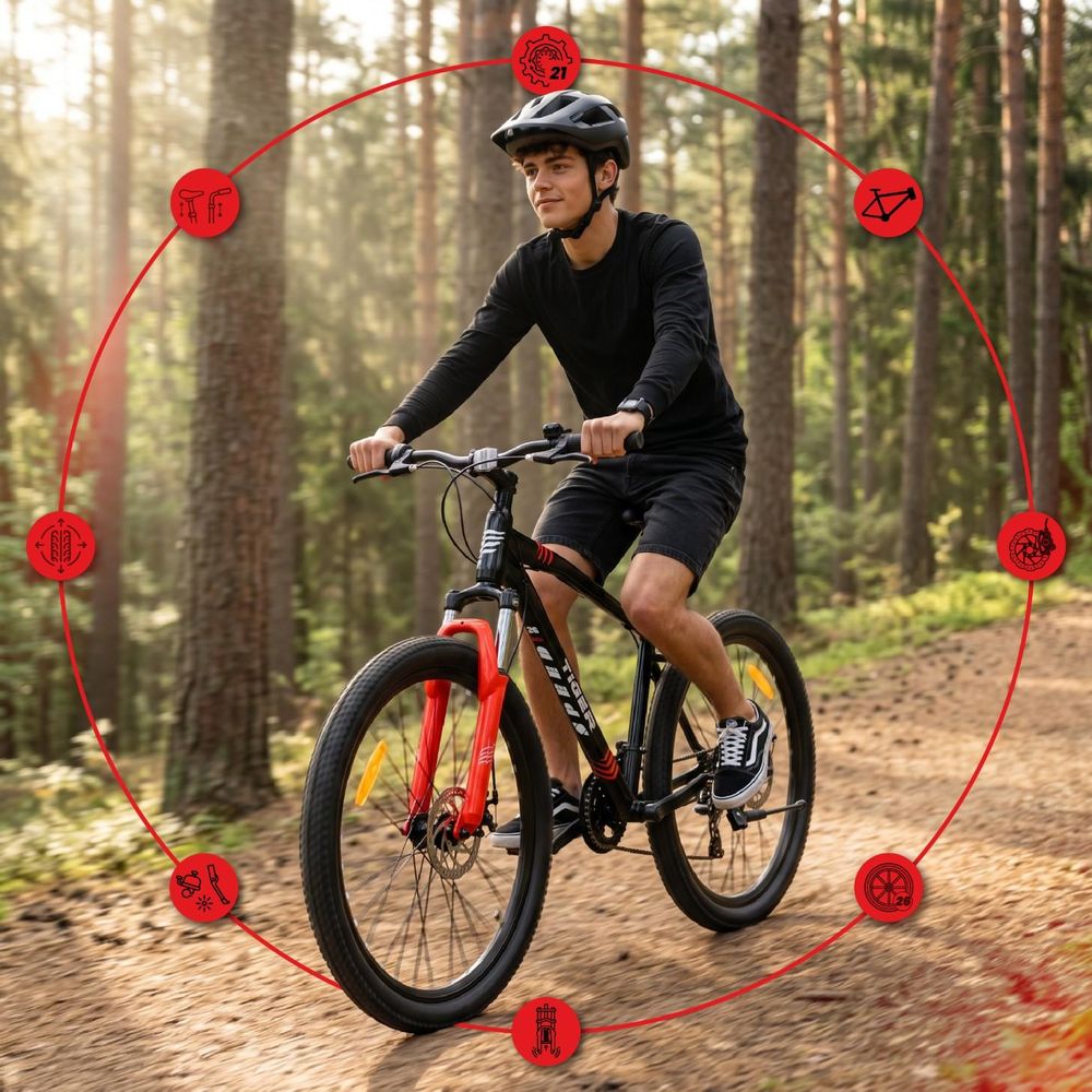 Joven pedaleando la bicicleta SUN BABY en un bosque, rodeado de iconos de características.
