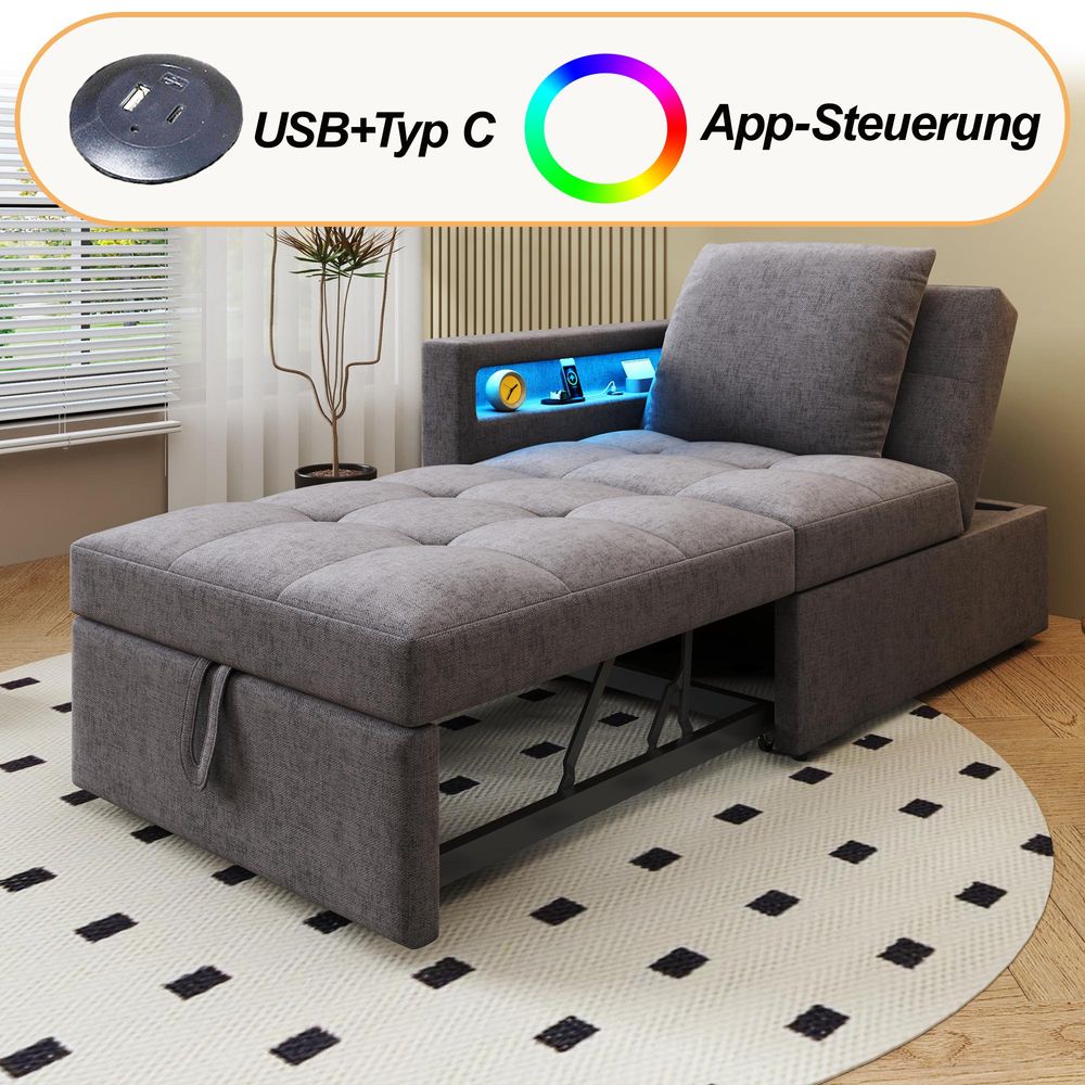 Flieks Schlafsofa mit Ladefunktion und Led, Polstersofa Sessel mit Kissen und Verstellbare Rückenlehne, Tagesbett Daybed, Leinen, Grau