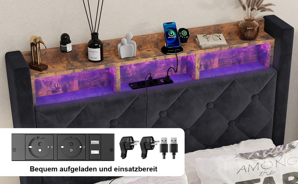 MODFU Boxspringbett 90×200 mit bettkasten,Polsterbett mit Stauraum,Funktionsbett mit USB-Anschluss & LED-Licht,Sicheres Design mit gepolsterten Kanten