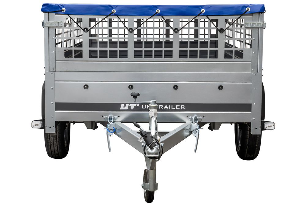Pkw Transport Anhänger 230x125 Garden Trailer 230 KIPP mit Laubgitteraufsatz, blauer Flachplane, Planenträgern und Stützrad