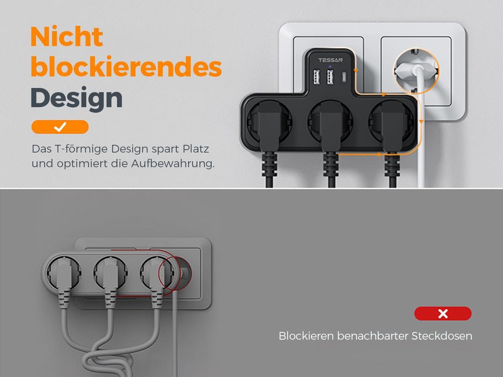 TESSAN Mehrfachstecker mit USB für Steckdose 3 Fach Steckdosenadapter mit 2 USB A und 1 USB C 3600W Mehrfachsteckdose Ladegerät Schwarz