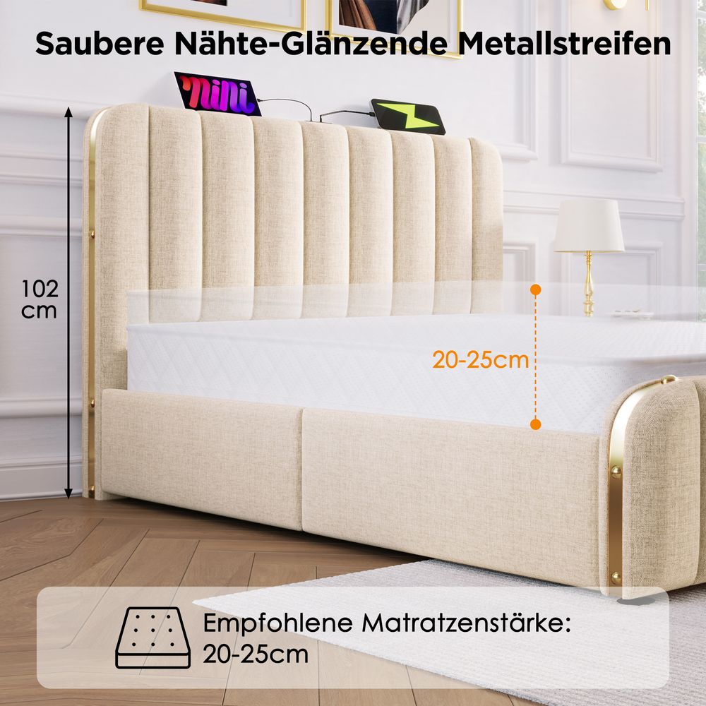 Flieks Polsterbett 160x200cm mit Ladefunktion (USB, Typ-C), Doppelbett Stauraumbett mit 4 Schubladen, Jugendbett Funktionsbett, Leinen, Beige