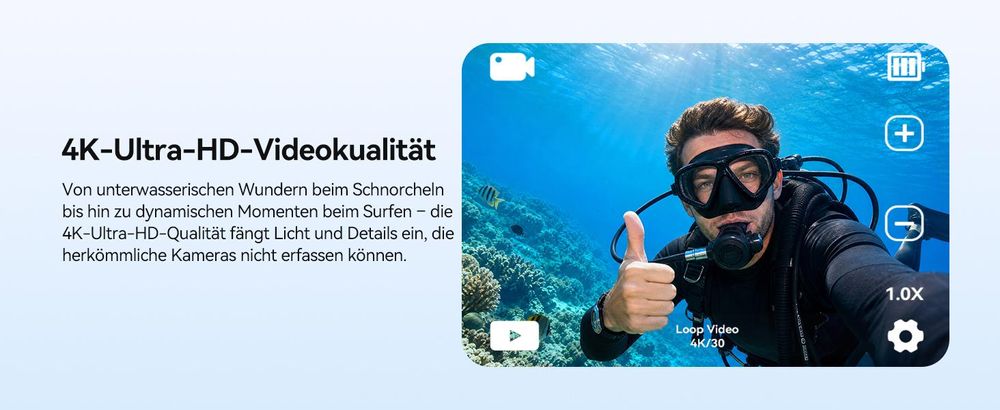 SVbony SVGO2 Action-Kamera 4K/30 fps IPX8 wasserdicht,30m,WLAN, EIS, 2,0-Zoll-Touchscreen, mit Auftriebsstange 2x1350mAh Akkus für Schnorchel, Surfen