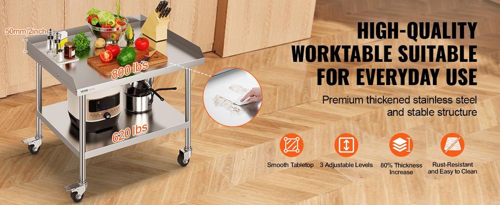 VEVOR Edelstahl Vorbereitungs Tisch, 24 x 24 x 34 Zoll, Schwerlast Metall Arbeitstisch mit 3 verstellbaren Höhenstufen, Gewerbliche Arbeitsstation für Küche Garage Restaurant Garten, 762x914x762 mm