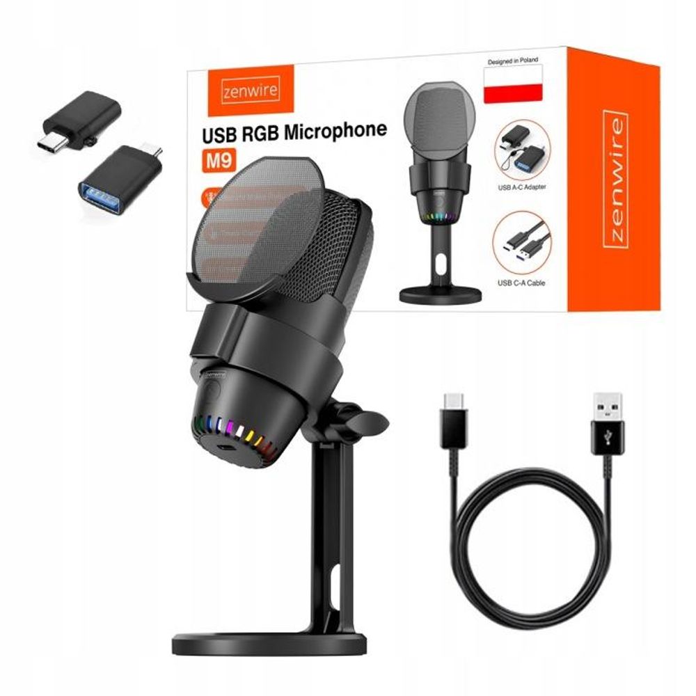 Mikrofon pojemnościowy - Mikrofon do komputera - Studio - ze statywem - Gaming - USB-C USB 3.0