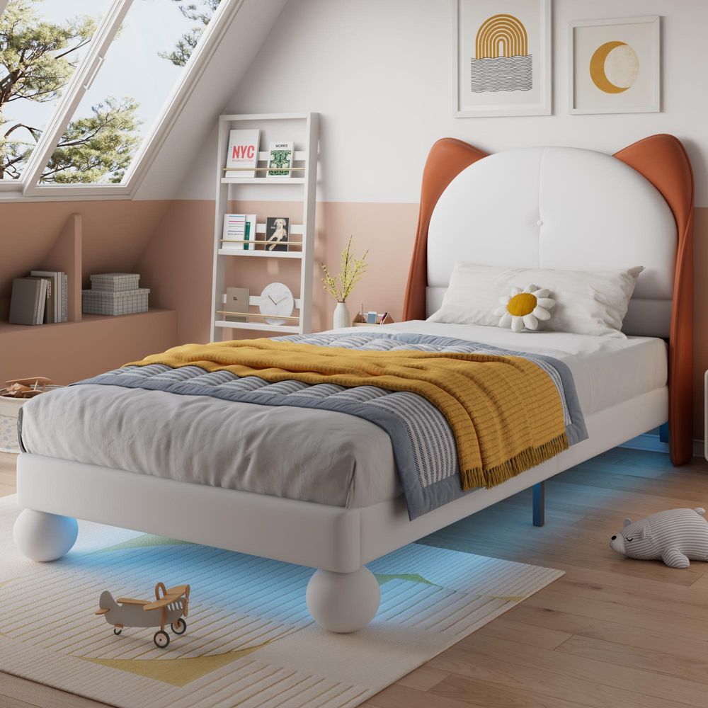 Merax Polsterbett 90x200, Kinderbett mit Katzenohren-Kopfteil und LED-Lichtleiste, Einzelbett stabile Lattenroste, PolyurethanBezug, Beige + Gelbbraun