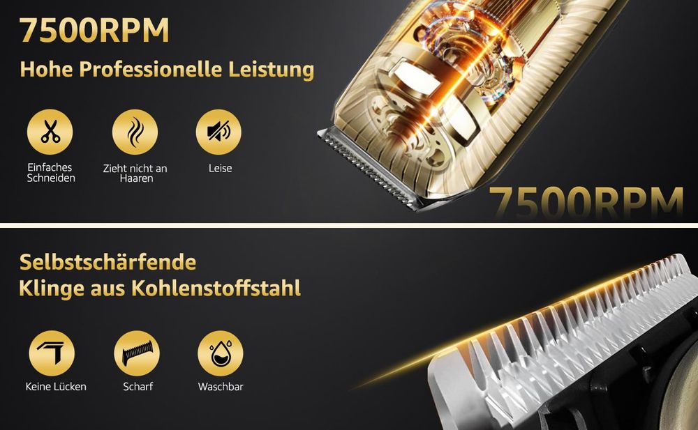 MCURO 5-in-1 Profi-Haarschneider – Leistungsstarker 7500-RPM Trimmer mit Edelstahlklingen, LED-Display, USB-C-Schnellladung, 6 Schnittlängen, vielseitigen Aufsätzen, Gold