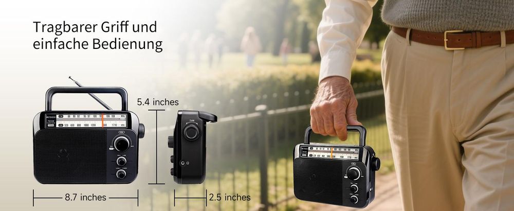 Retekess TR604 Tragbares Radio, FM Radio mit Batteriebetrieb, Großer Knopf Großer Lautsprecher Einstellbare Höhen und Bässe für Senioren Vatertag