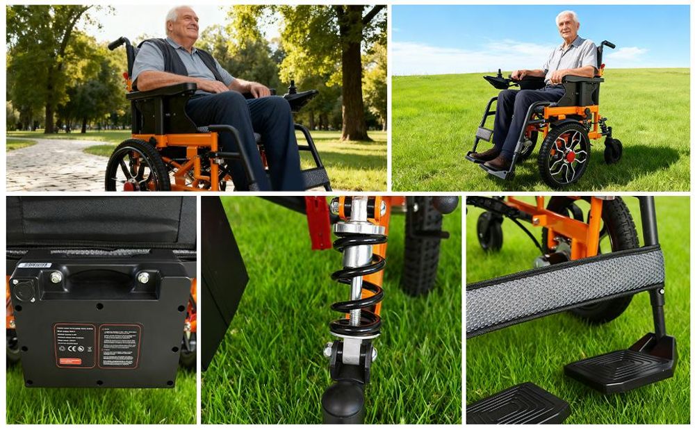 Elektrorollstuhl faltbar für Erwachsene und Senioren, 500W, 20 km Reichweite, 24V 12Ah Lithium-Akku, Joystick, bis 150 kg, mobiler E-Rollstuhl Orange