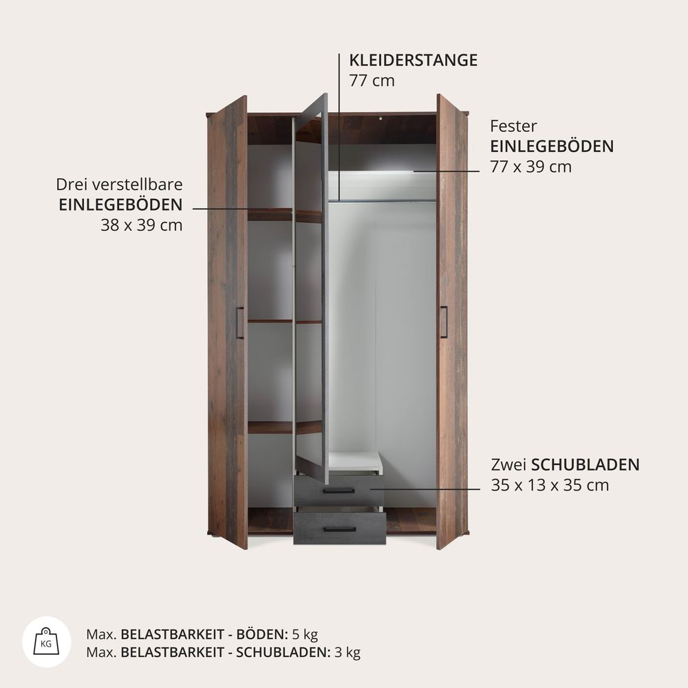 Cilli Kleiderschrank Old Style/Betonoxid – Drehtüren-Schrank mit Spiegelfront und viel Stauraum