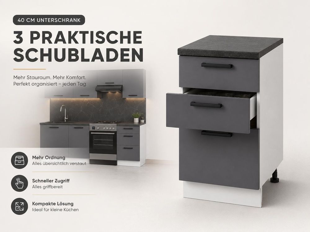 40 cm Unterschrank mit 3 Schubladen in Anthrazit/Grafit