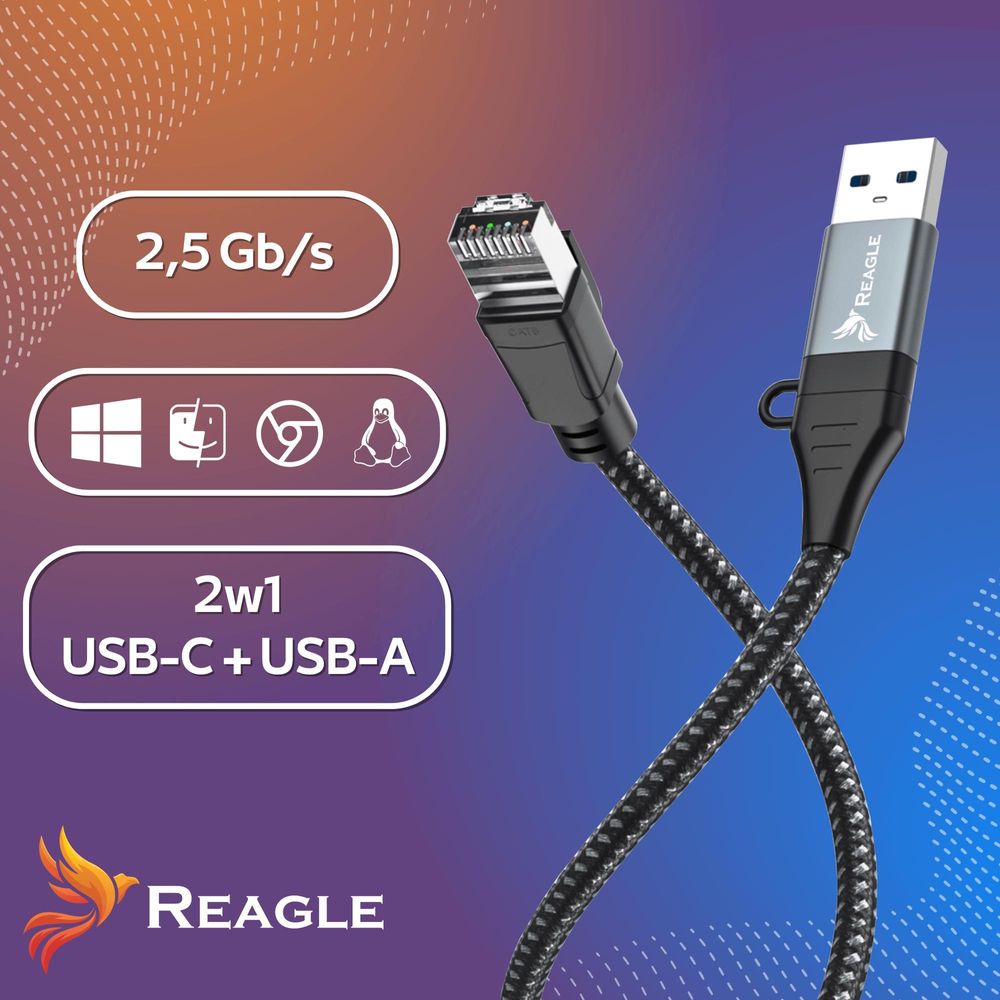 Ethernet LAN Kabel 3m 2.5 Gbps 2in1 USB C und USB A Adapter auf RJ45 für PC Laptop MacBook Tablet Schnelle Internetverbindung Reagle Professionell