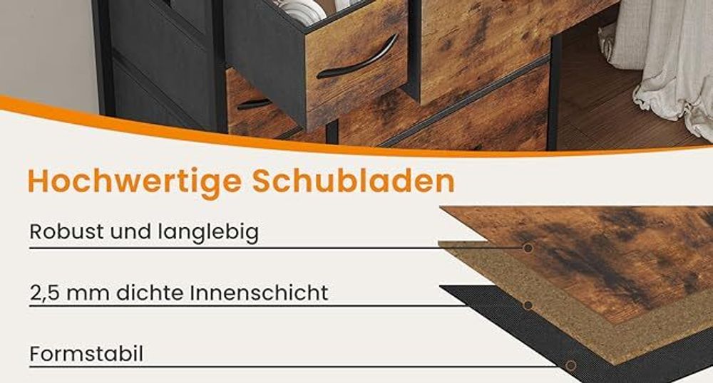WOLTU Kommode mit 7 Schubladen aus Stoff, Sideboard, Metallrahmen, Industrial Stil