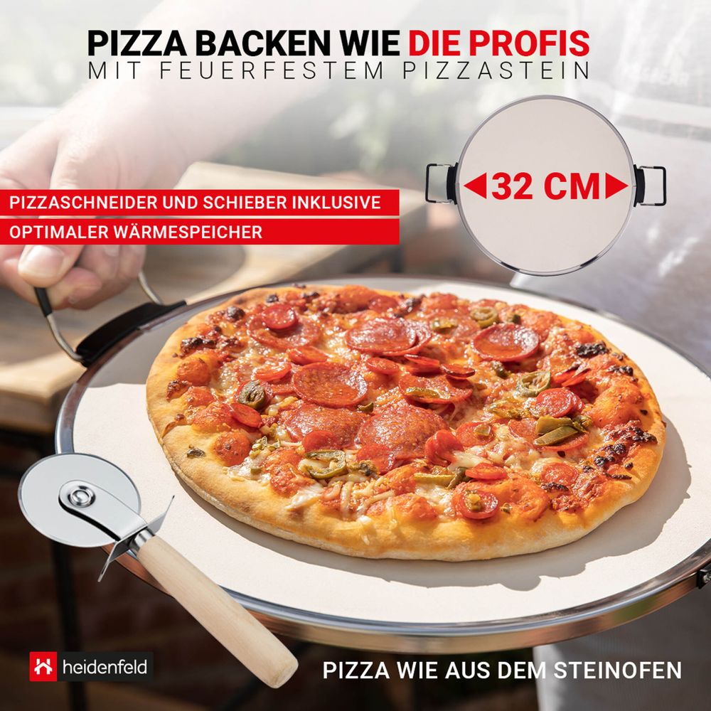 Heidenfeld Pizzaofen Napoli | Mobiler elektrischer Pizza Ofen - Bis 400°C - 1200 Watt - 135 mm großes Sichtfenster - Pizzastein - Timer