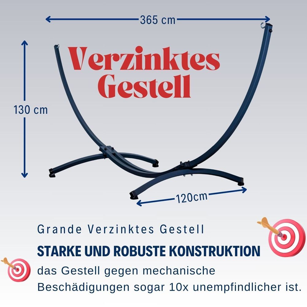 Potenza Gestell Outdoor Hängemattengestell XXL 365cm, 220kg I Gestell für Hängematten, Rahmen aus Verzinkter Stahl wetterfest