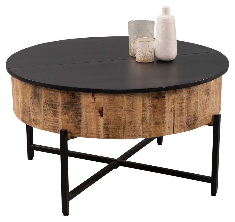 Couchtisch - Ø 80 cm - Braun - Schwarz - Mangoholz massiv - Metall - mit hochklappbarer Tischplatte