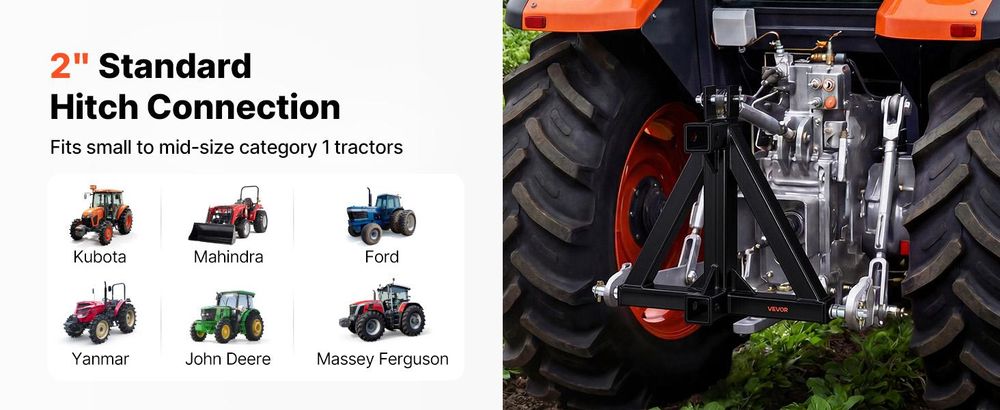 VEVOR 3-Punkt-Anhängerkupplung mit 2-Zoll-Anschluss, 3-Punkt-Schnellkupplung, 3.000 lbs Tragfähigkeit, Schwerlast-Traktor-Zugdeichsel-Adapter, kompatibel mit Kubota, Mahindra, John Deere, Massey Ferguson, 21 Zoll-Dual-Schnittstelle-Standard