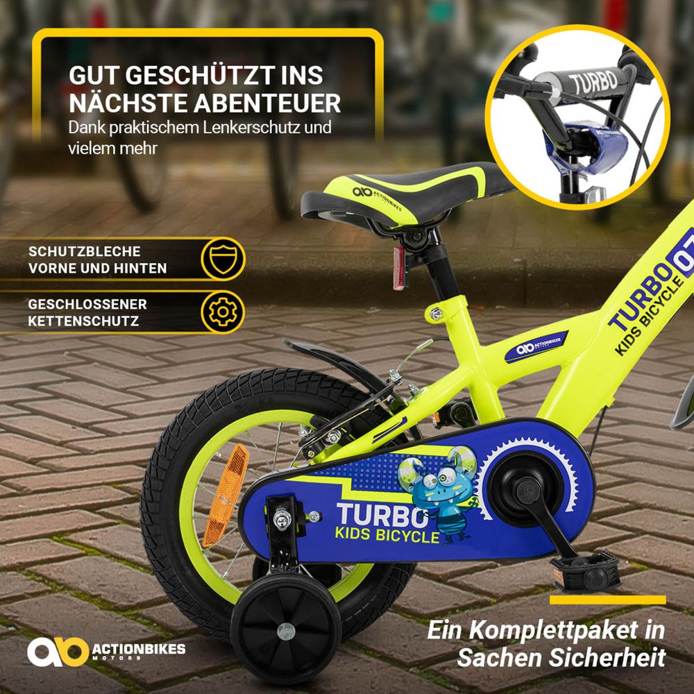 Actionbikes Kinderfahrrad Turbo 12 Zoll | Kinder Fahrrad - V-Brake Bremsen - Kettenschutz - Jungenfahrrad - Junge - Stützräder - 2-5 Jahre (Gelb/Blau)