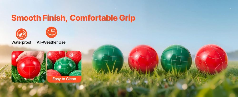VEVOR Bocce Ball Set, 107 mm, mit 8 Harzkugeln, Pallino, Tragetasche und Maßband, Rot und Grün 2 Farben, für 2 bis 8 Spieler, Bocce Ball Spielset für Strand, Rasen, Familiengarten, im Freien, 2 Farben, 107 mm