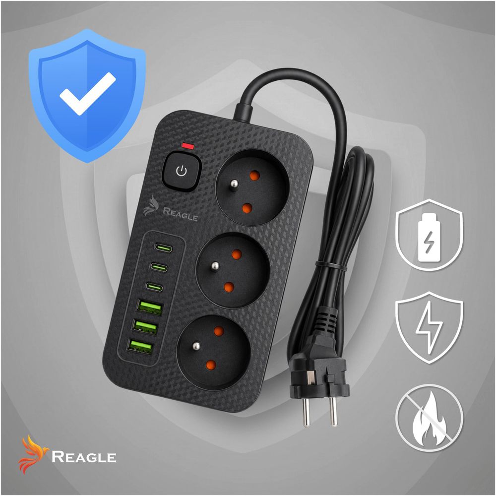 Reagle 3m Steckdosenleiste 3-fach mit 6x USB (3x USB-A, 3x USB-C), Mehrfachsteckdose schwarz, Verlängerungskabel Überspannungsschutz 2500W, Schalter