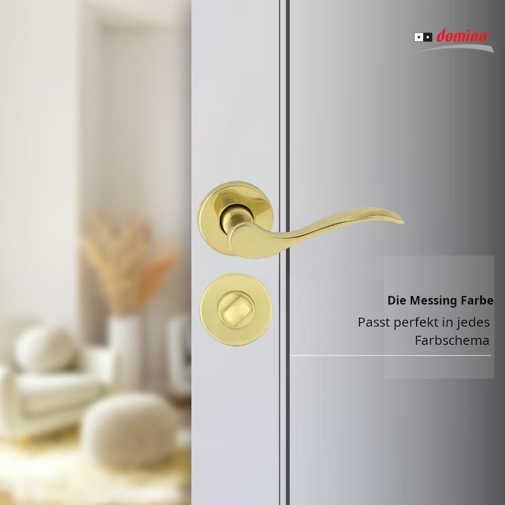 DOMINO Türgriff Drückergarnitur WC -Badezimmer Set | Rund-Rosette | Türklinke für Bürotür, Kellertür & Innentür | Türbeschläge aus Messing |Messing Glänzend Türdrückergarnitur | VENUS-R M1