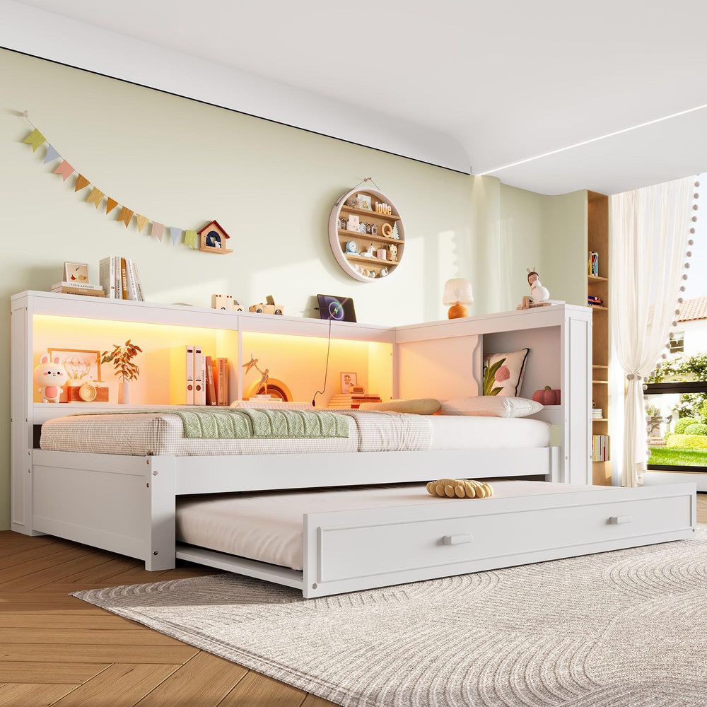 Flieks Schalfsofa Holzbett 90x200cm mit Ausziehbett, Tagesbett Einzelbett mit Led und Ladefunktion, Jugendbett mit Staufach, Weiß