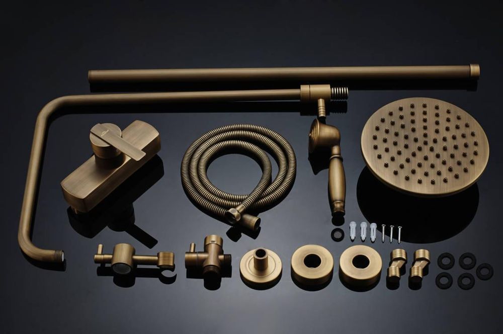 Auralum Duschsystem Antik-Messing, Vollmessing, 2 Funktionen, 20cm Kopfbrause, Höhenverstellbar