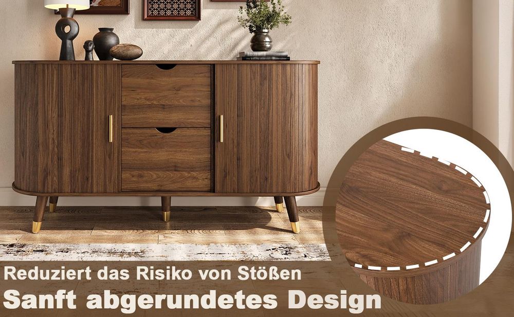 okwish Sideboard mit zwei Schiebetüren und Metall-Türgriffen, Kommode mit zwei Schubladen,abgerundetes Design,Massivholzbeinen,Nussbaum