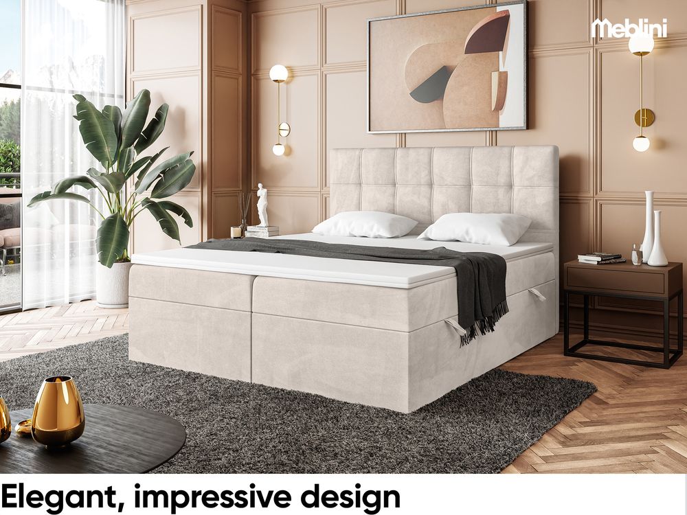 MEBLINI Boxspringbett mit Bettkasten - Gepolstert Doppelbett mit Matratze und Topper - Polsterbett mit Stauraum - Bett mit Kopfteil - Kai - 180x200 - H4/Beige Samt