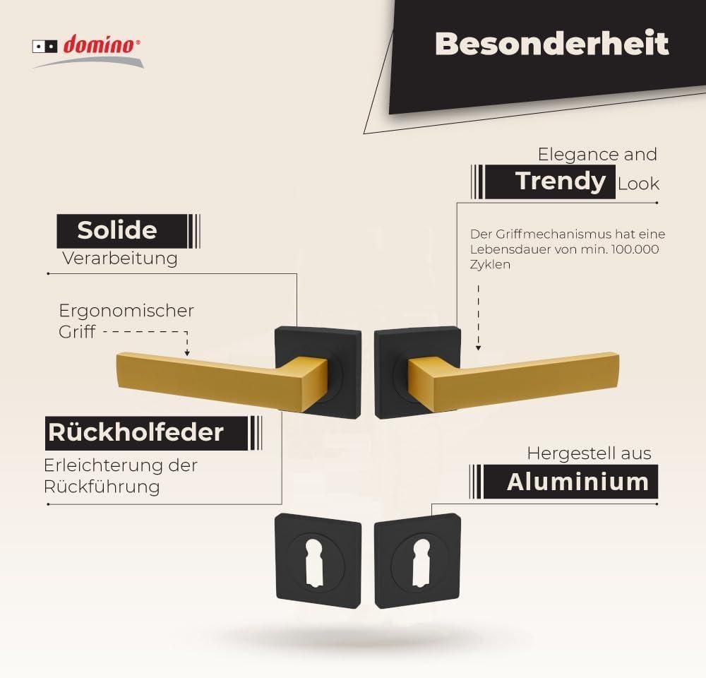 DOMINO Türgriff Drückergarnitur BB-Buntbart Set | mit quadratischen BB Rosetten | Türklinke für Zimmertür, Bürotür, Kellertür & Innentür | Türbeschläge aus Aluminium | Schwarz/Gold Türdrückergarnitur| QUBIK-QR BLACK /K-GOLD MATT