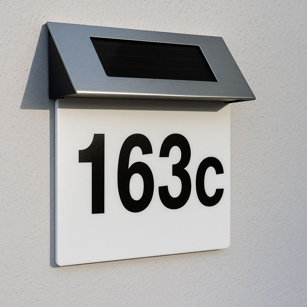 Moderne, beleuchtete Hausnummer 163c, solarbetrieben.