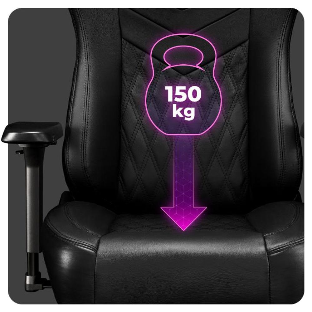 Nahaufnahme der Sitzfläche des Stuhls mit Hinweis auf die maximale Tragkraft von 150 kg