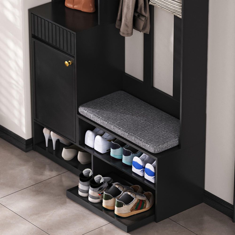 MODFU Flurgarderoben-Set Kleiderschrank mit Türen und Schubladen,Garderoben-Set Garderobenschrank mit Schuhbank,Wandgarderobe mit Haken, Schwarz